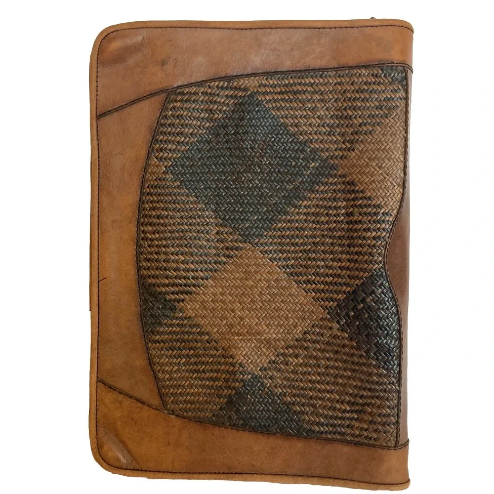 Vtg Woven Leather Zip Around Legal Notepad Folio Folder Organizer Binder Brown